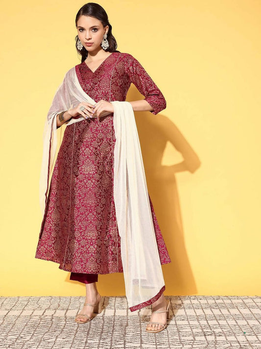 Ahalyaa Women's Wine Colour Poly Silk Gold Paste Printed Kurta Pant Set | Swadesiicart