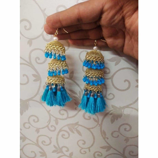 MS Fashion India Gold Color Jhumkas With Blue Color Pearls And Silk Threads Earrings | Swadesiicart