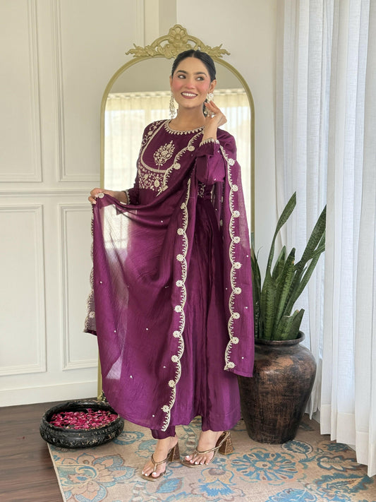 The52 Purple Women's Gorgeous Embroidered Vichitra Silk Fabric Flared Kurta Pant with Dupatta Set - Swadesiicart