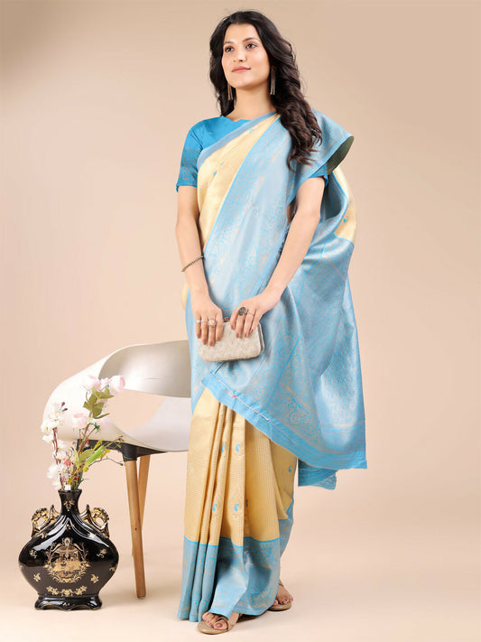 Astita Aura Silk Cream Sky Blue Banarasi Silk Saree | Swadesiicart