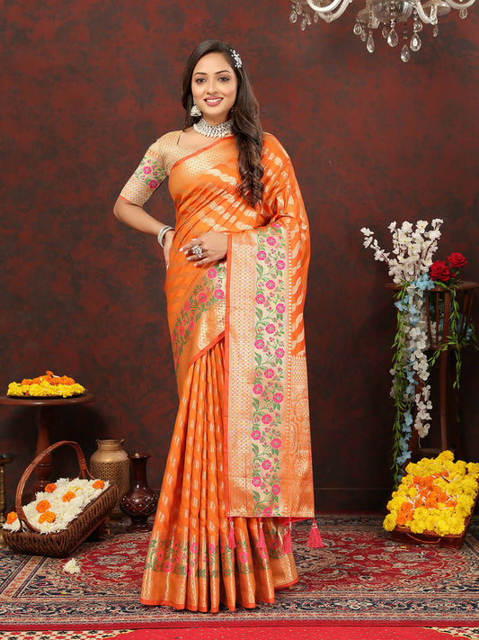 Lorenvalley Fashion Orange Soft Silk Woven Design with Zari Weaving Leheriya Design Saree - Swadesiicart