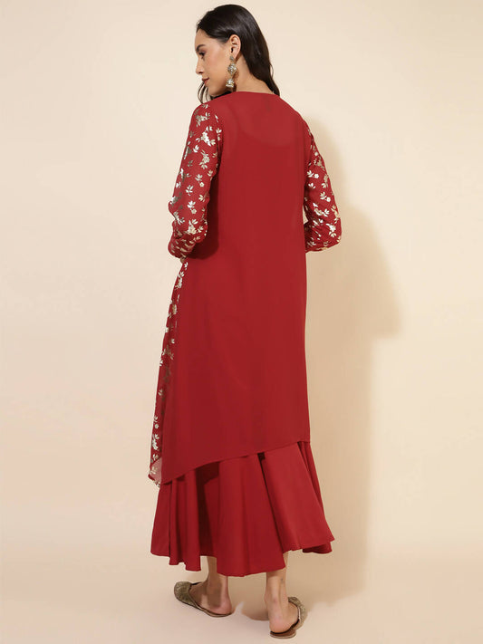 Janasya Women's Red Georgette Foil Printed Festive Flared Dress Set | Swadesiicart
