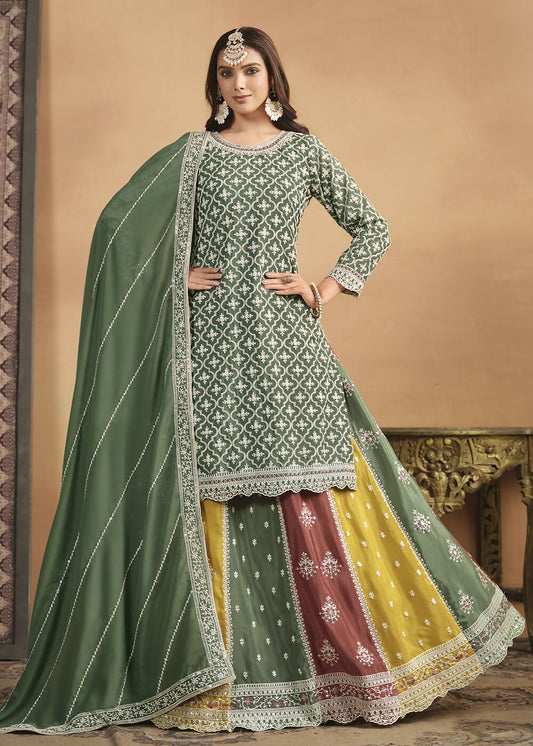 Chinnon Green Multicolor Embroidered Lehenga Style Suit - Emponline | Swadesiicart