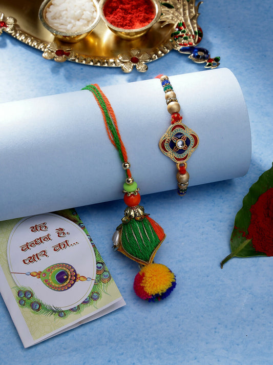 NVR Women & Men Set of 2 Multicolor Beaded Bhaiya Bhabhi Rakhi With Roli Chawal | Swadesiicart
