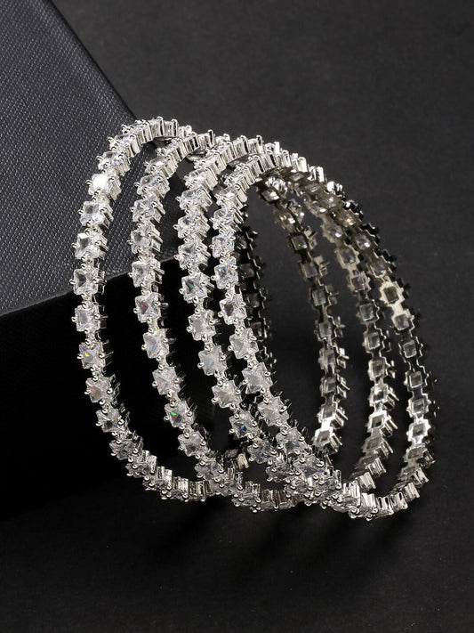 NVR Women's Set of 4 Silver-Plated CZ Stone-Studded Handcrafted Bangles - Swadesiicart