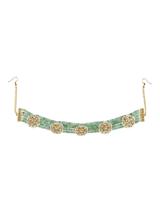 Gold-Polished Green Kundan Studded Headband - Ruby Raang | Swadesiicart