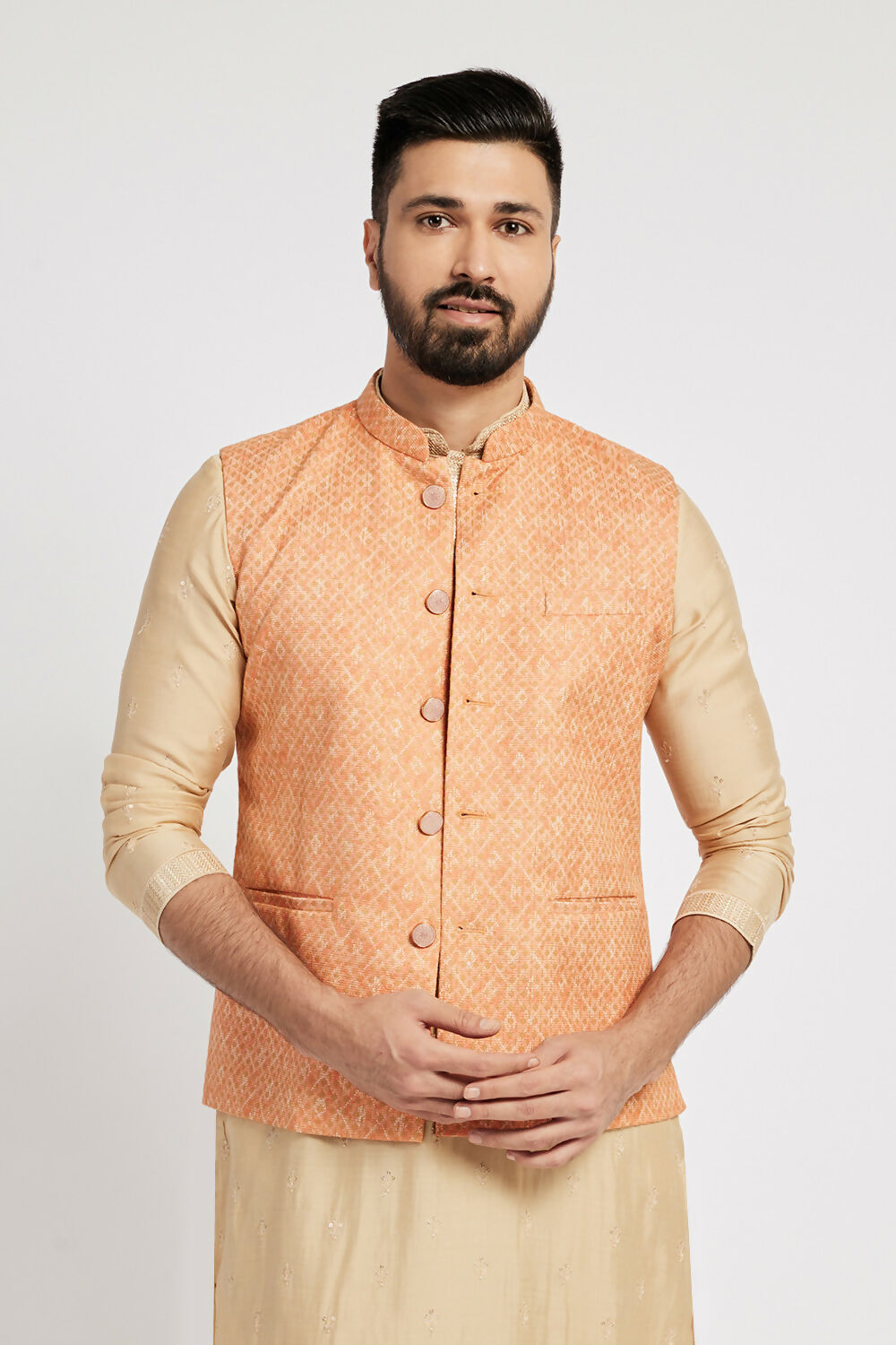 Ethnic India Orange Bundi Men's Jacket Abstract Blended | Swadesiicart