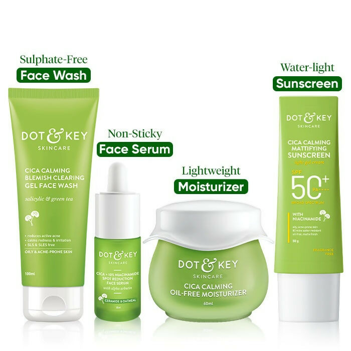 Dot & Key Cica + Niacinamide C + E CSMS (Cleanser, Serum, Moisturizer, Sunscreen) Routine for Oily & Acne Prone Skin | Swadesiicart