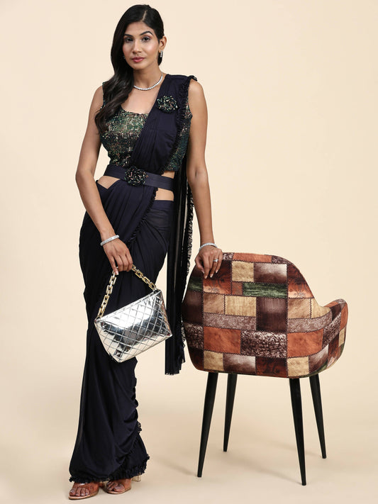 Navy Blue Imported Fabric Plain Ready to wear Saree with stitched Blouse - Vrinda | Swadesiicart
