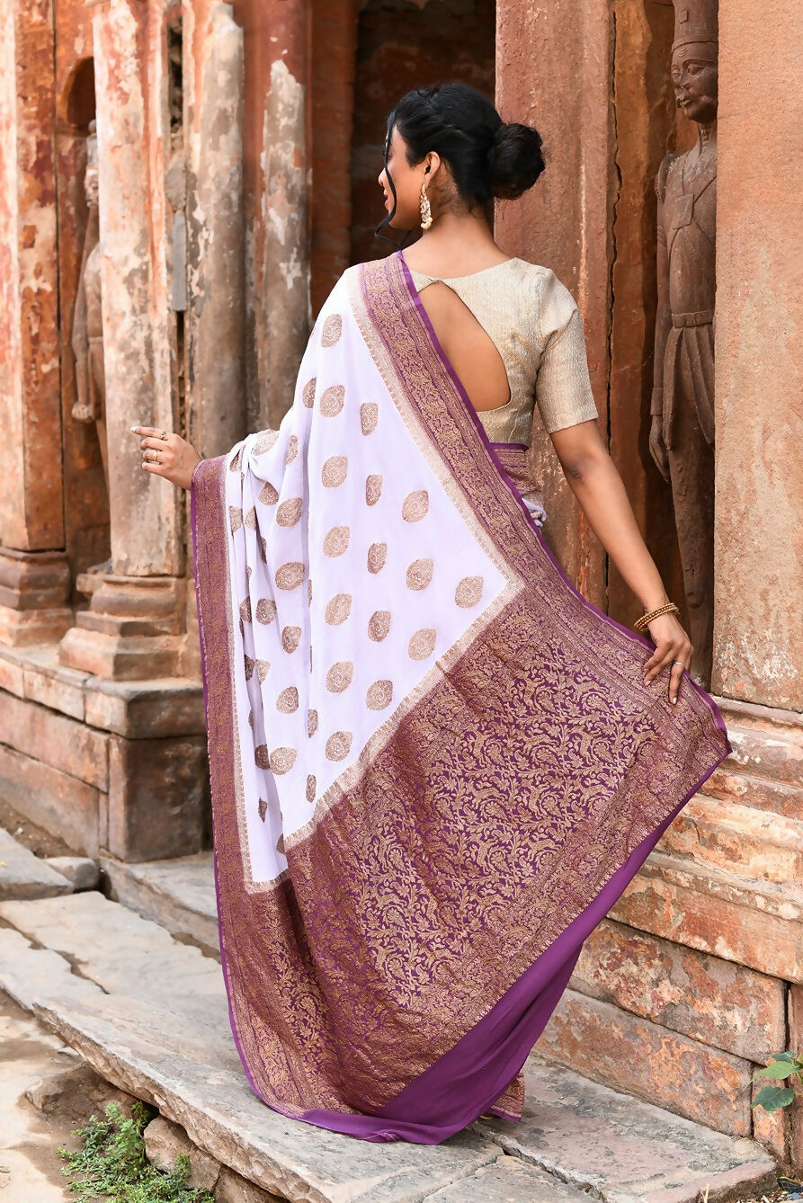 Joban Fashion Light Purple Crepe Chiffon Pure Handloom Banarasi Silk Saree | Swadesiicart
