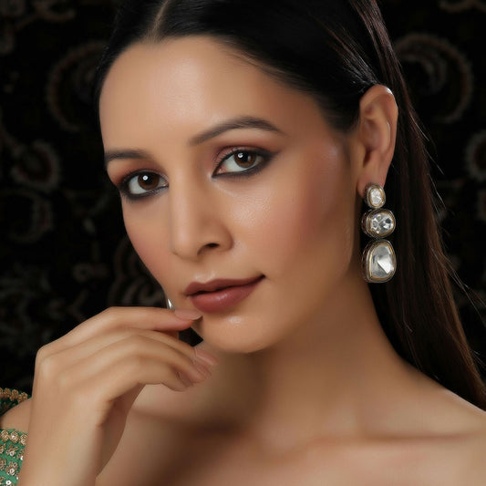 Kundan Earrings (Silver) - Ruby Raang | Swadesiicart