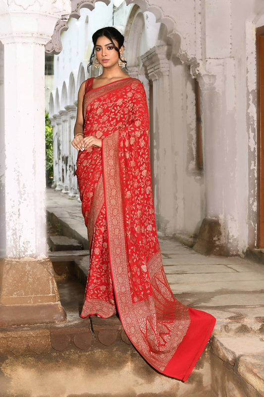 Joban Fashion Red Crepe Chiffon Banarasi Pure Handloom Banarasi Silk Saree | Swadesiicart