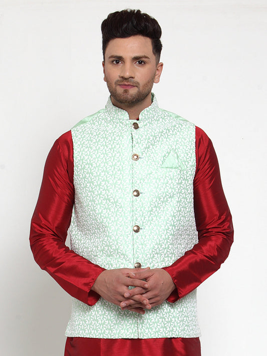 Jompers Men's Green Embroidered Nehru Jacket | Swadesiicart