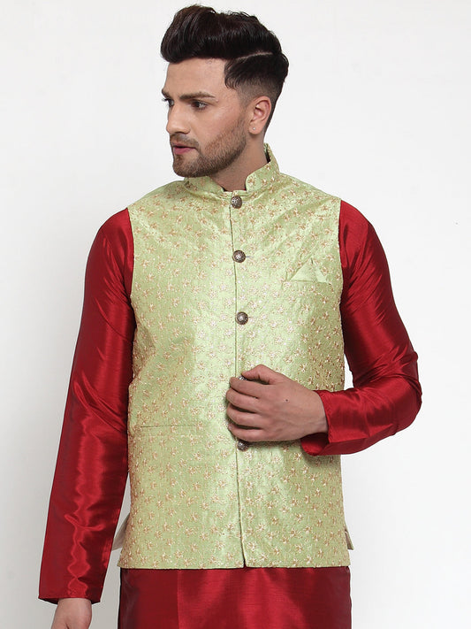 Jompers Men's Beautiful Green Embroidered Nehru Jacket | Swadesiicart