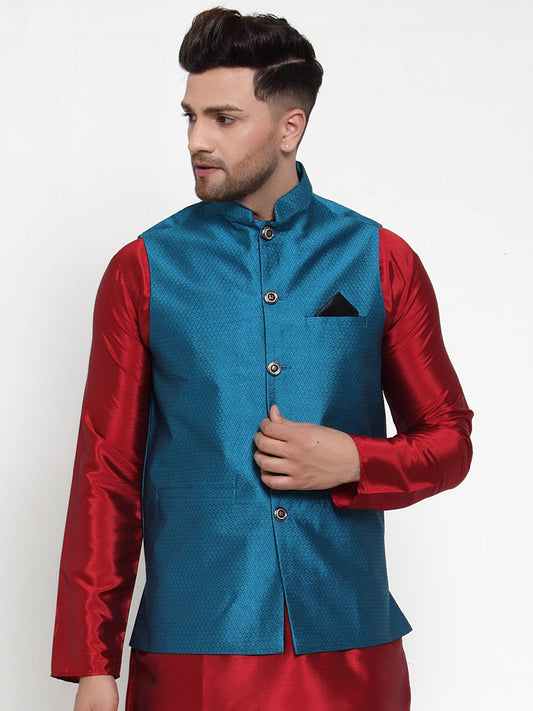 Jompers Men's Beautiful Blue Woven Jacquard Nehru Jacket | Swadesiicart