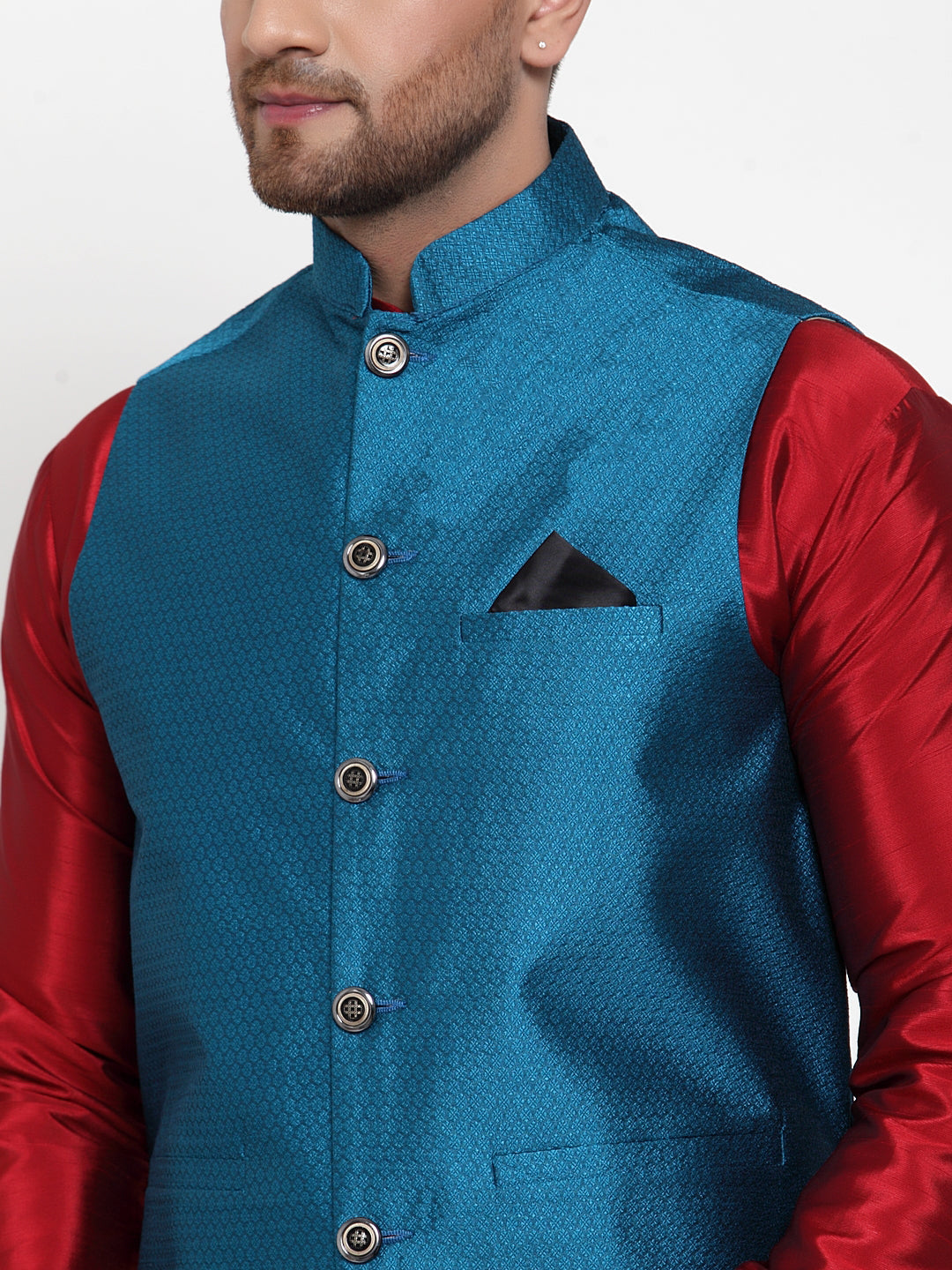 Jompers Men's Beautiful Blue Woven Jacquard Nehru Jacket | Swadesiicart