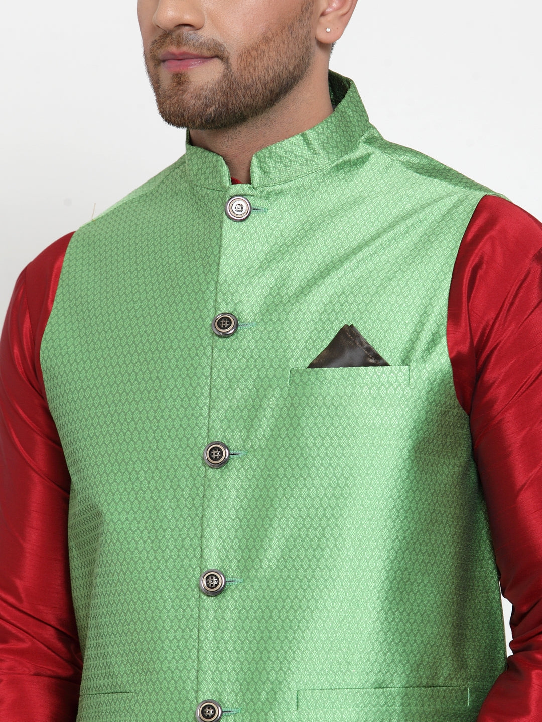 Jompers Men's Green Woven Jacquard Nehru Jacket | Swadesiicart