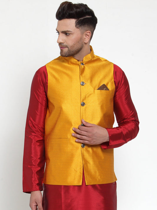 Jompers Men's Yellow Woven Jacquard Nehru Jacket | Swadesiicart
