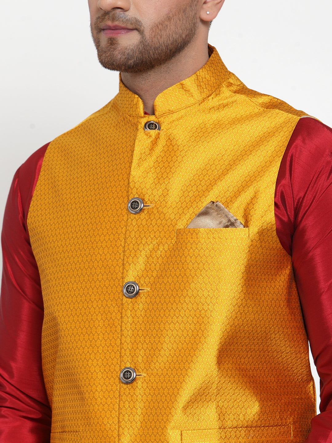 Jompers Men's Yellow Woven Jacquard Nehru Jacket | Swadesiicart