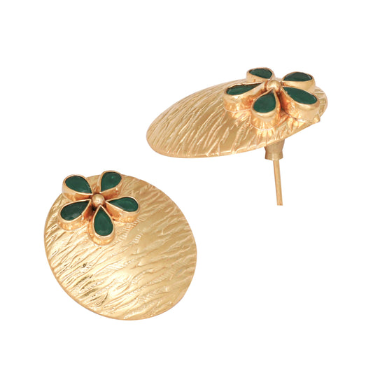 Nuyug 22K Gold-Plated Faux Emerald Stones Studded Circular Floral Shaped Motif Studs | Swadesiicart