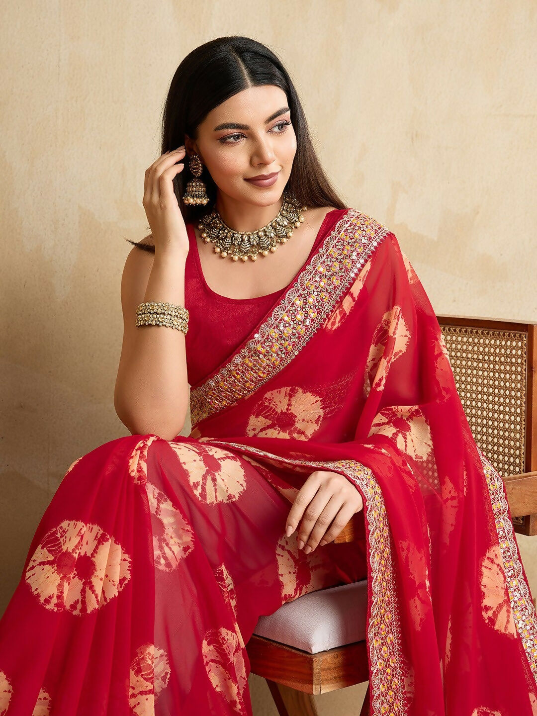 Ai Fashion Red Georgette Bandhani Print Party Wear Saree