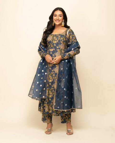 FIORRA Women's Navy Blue Cotton A-Line Kurta Pant With Dupatta - Swadesiicart