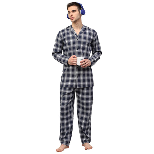 Jainish Men's Navy Blue Checked Night Suits ( GNS 001Navy-White ) | Swadesiicart