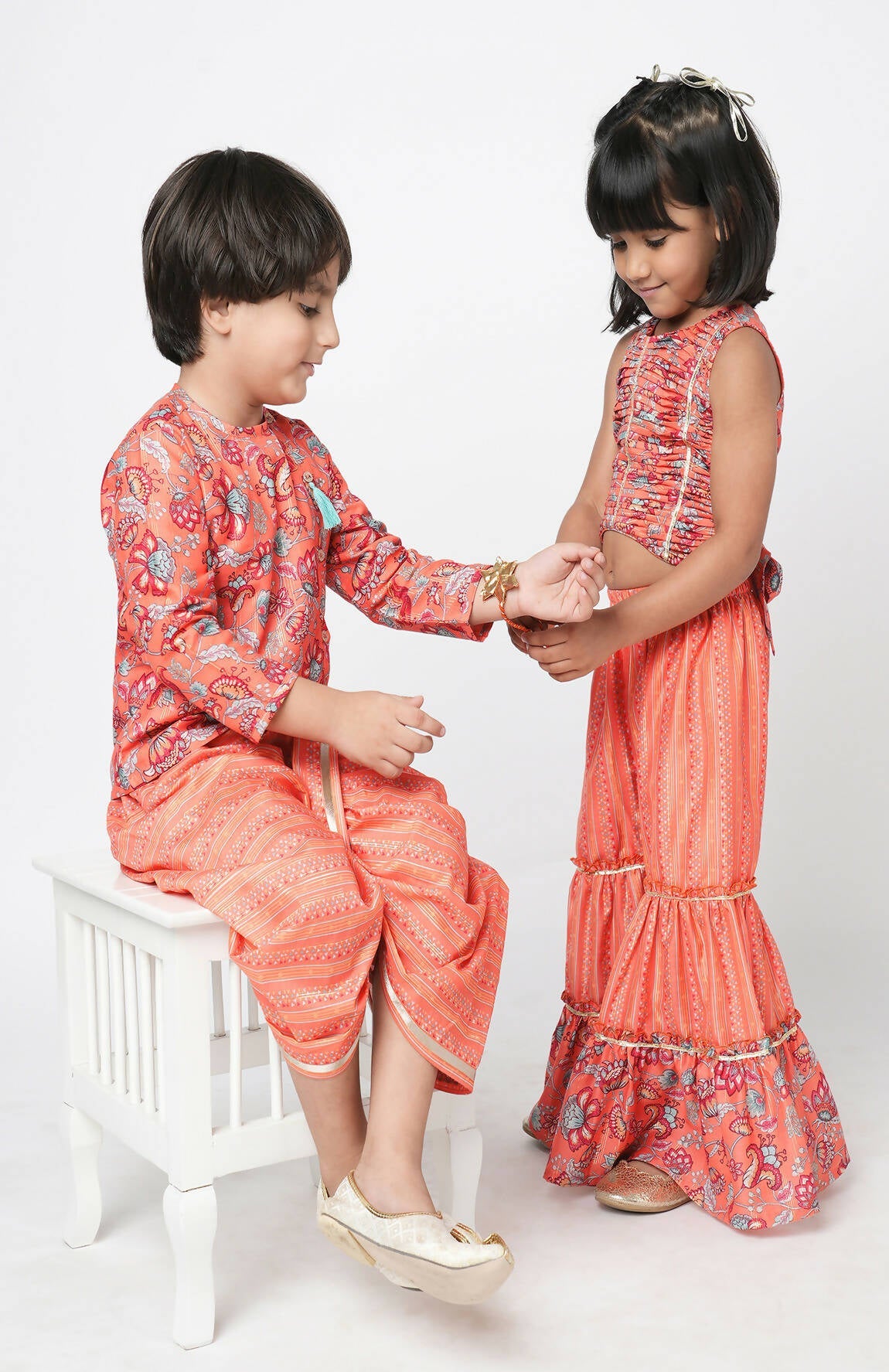 Lil Drama Golden Weaves Orange Crop Top With Palazzo Co-Ordinate Set - Swadesiicart