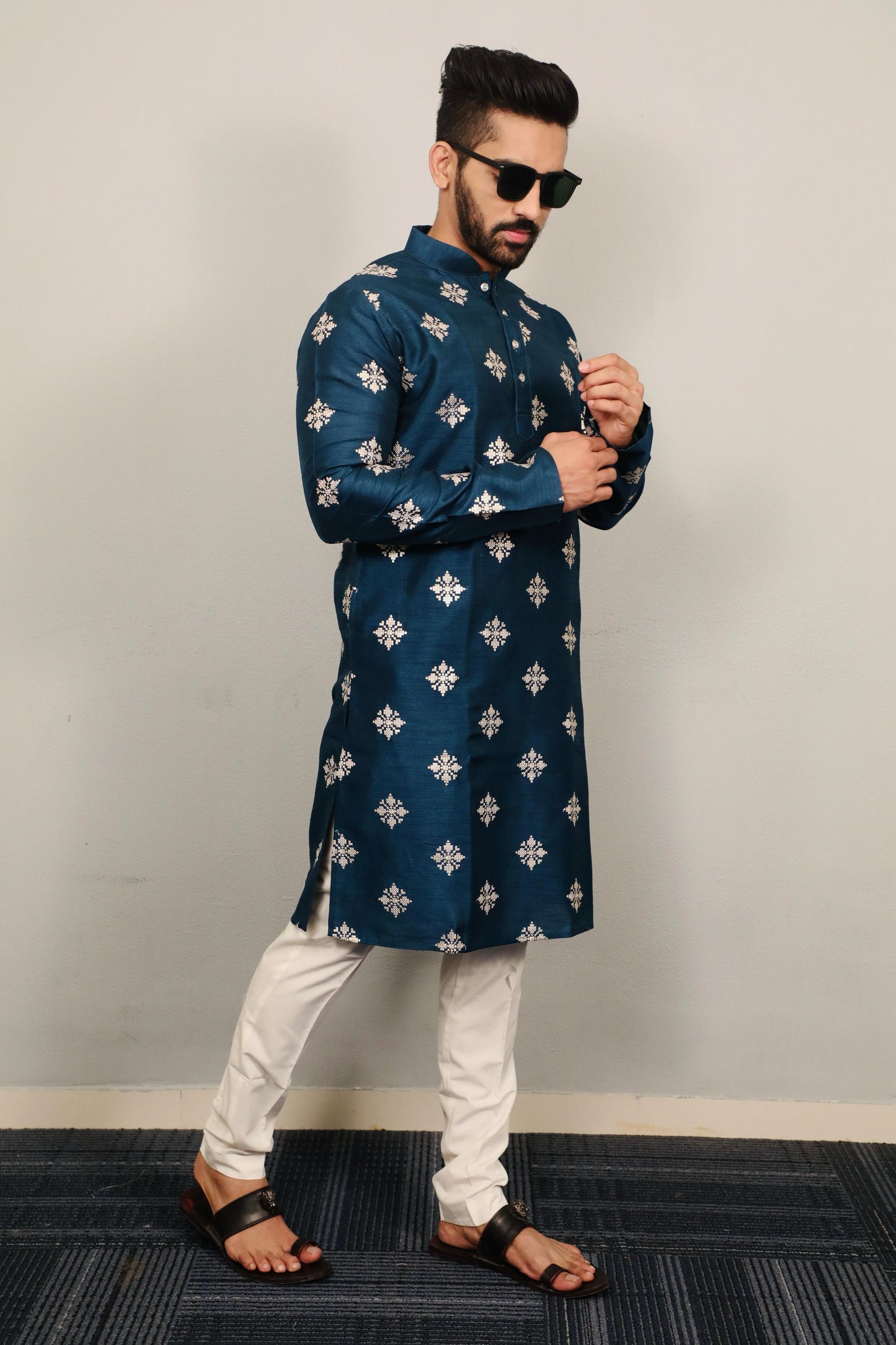 Neera Trendz Teal Soft Parbon Silk Embroidered Men's Kurta Pyjama - Swadesiicart
