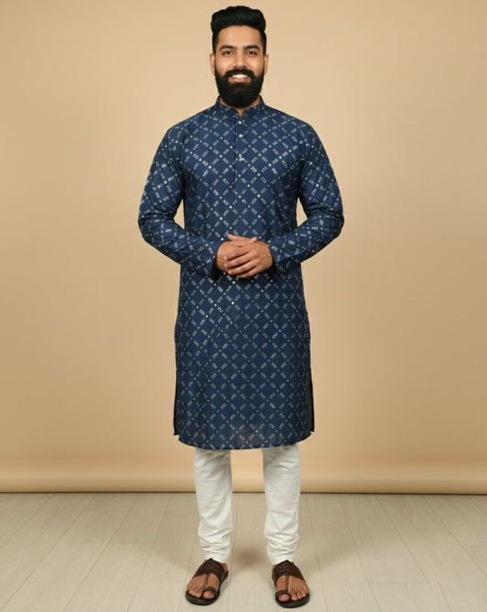 Neera Trendz Navy Blue Heavy Soft Silk Mirror Work Men's Kurta Pyjama - Swadesiicart