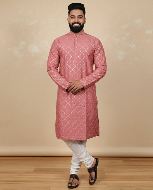 Neera Trendz Pink Heavy Soft Silk Mirror Work Men's Kurta Pyjama - Swadesiicart