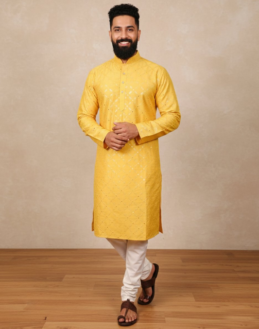 Neera Trendz Yellow Heavy Soft Silk Mirror Work Men's Kurta Pyjama - Swadesiicart