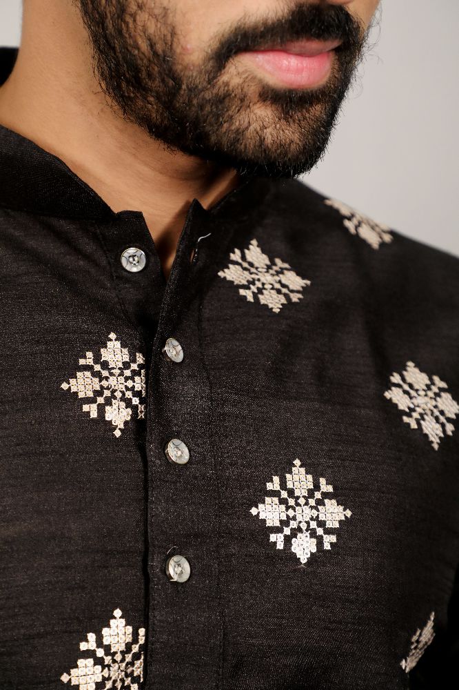 Neera Trendz Black Soft Parbon Silk Embroidered Men's Kurta Pyjama - Swadesiicart