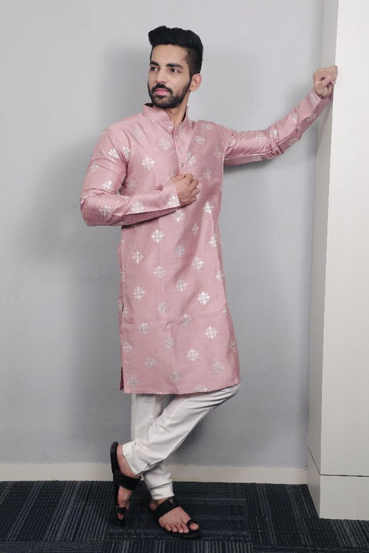 Neera Trendz Mauve Soft Parbon Silk Embroidered Men's Kurta Pyjama - Swadesiicart