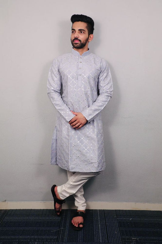 Neera Trendz Light Mauve Heavy Soft Silk Mirror Work Men's Kurta Pyjama - Swadesiicart
