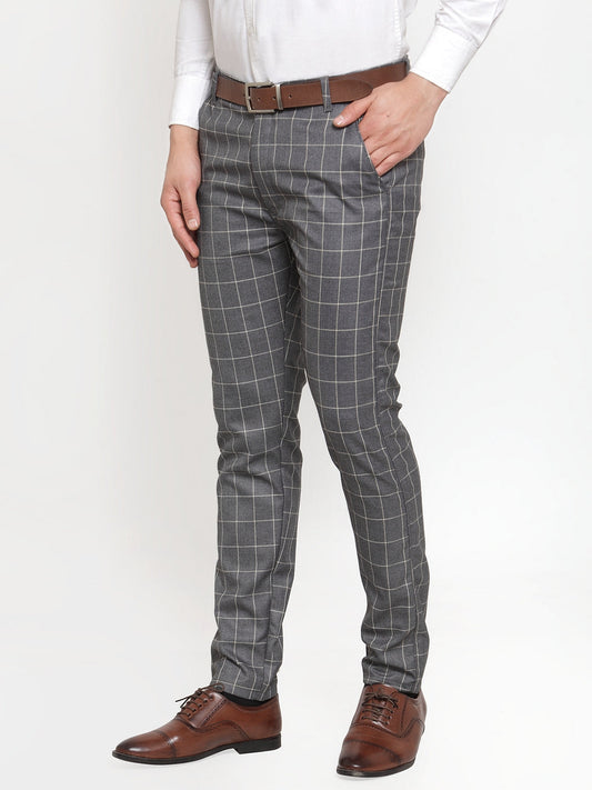 Jainish Men's Grey Checked Formal Trousers ( GP 254Grey ) | Swadesiicart