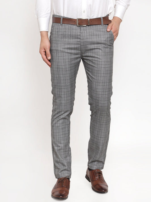 Jainish Men's Grey Checked Formal Trousers | Swadesiicart