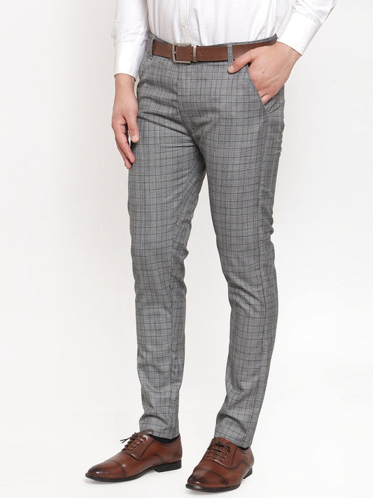 Jainish Men's Grey Checked Formal Trousers | Swadesiicart