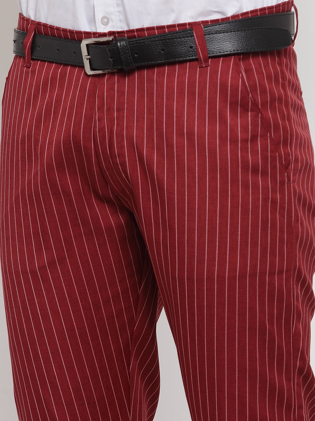 Jainish Men's Red Cotton Striped Formal Trousers ( FGP 255Maroon ) | Swadesiicart