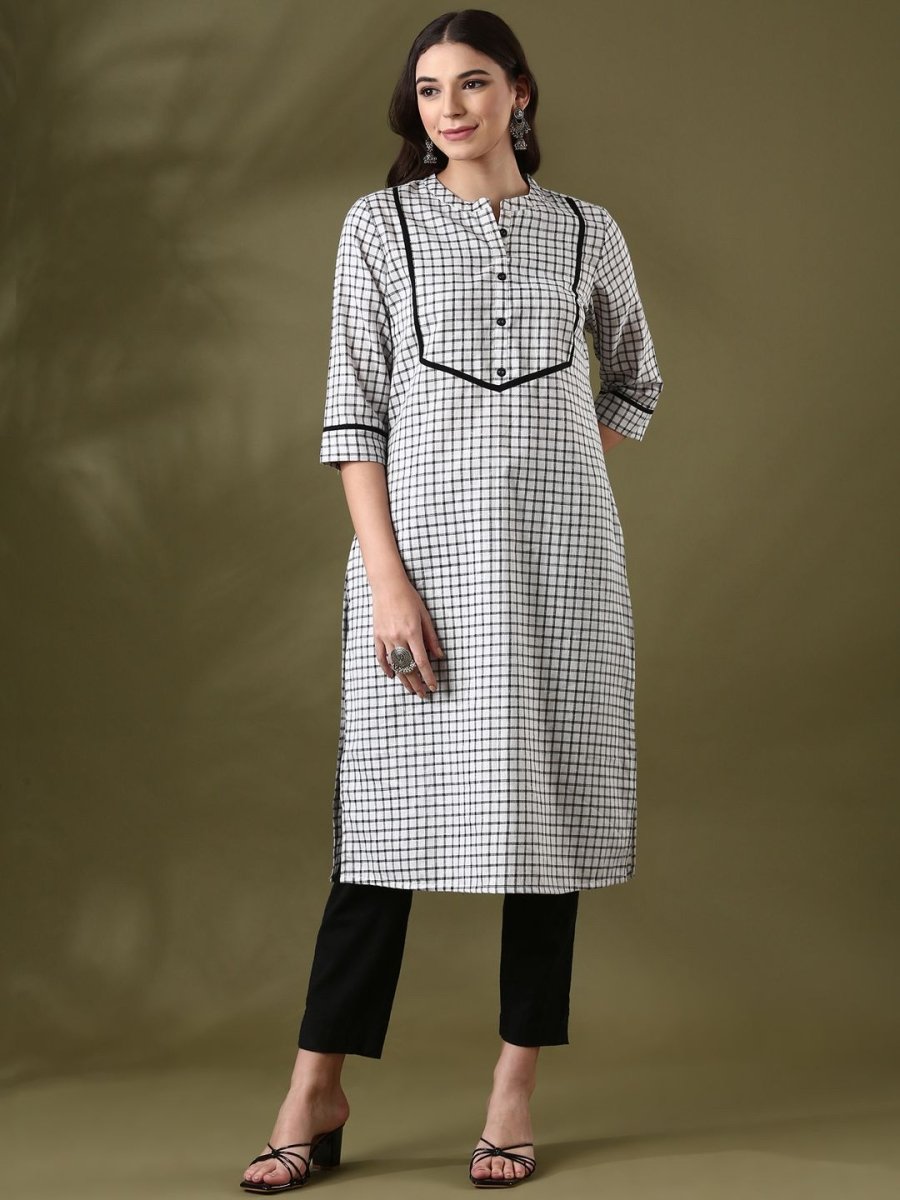 Anouk White Checked Mandarin Collar Pure Cotton Straight Kurta - Swadesiicart