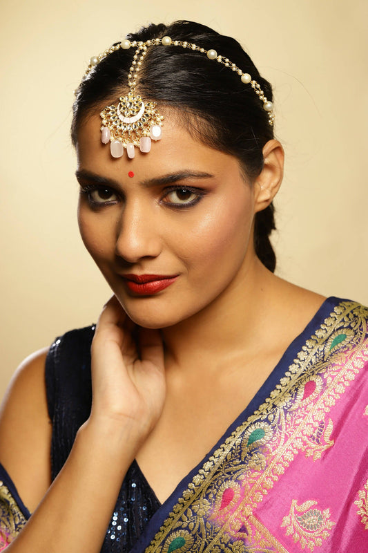 Gold-Polished White Kundan-Studded Pearl Beaded Matha Patti - Ruby Raang | Swadesiicart