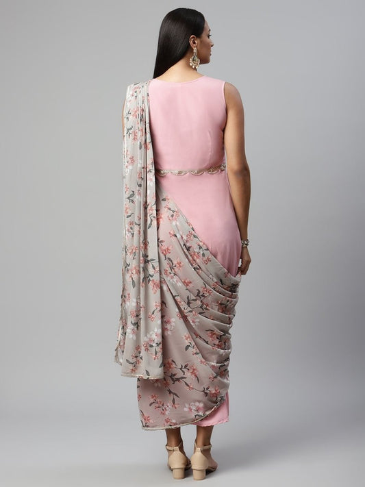 Ahalyaa Women Baby Pink Crepe Georgette Saree Dress With Printed Pallu | Swadesiicart