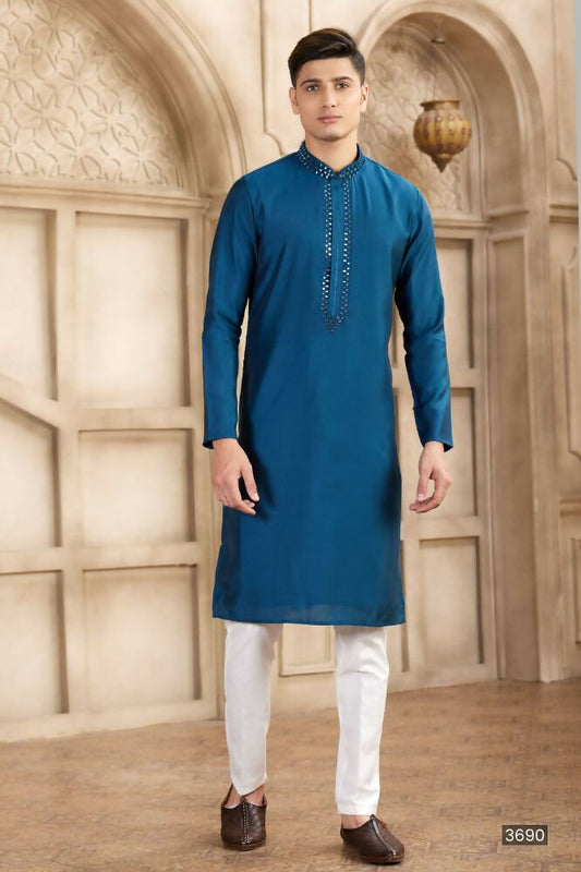 Raivat Ethnic Banarasi Art Silk Mirror Work Kurta Pajama In Blue Colour | Swadesiicart