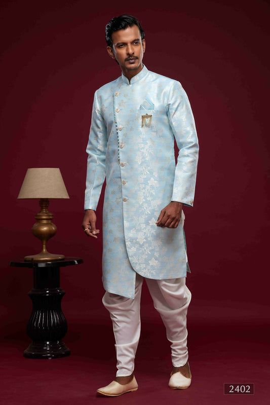 Raivat Ethnic Banarasi Jacquard Embroidery Semi Indo Western Sherwani In Sky Blue Colour | Swadesiicart