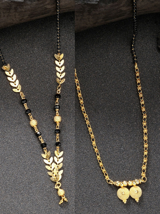 NVR Women's Set of 2 Gold-Polished Black Beaded Mangalsutra | Swadesiicart
