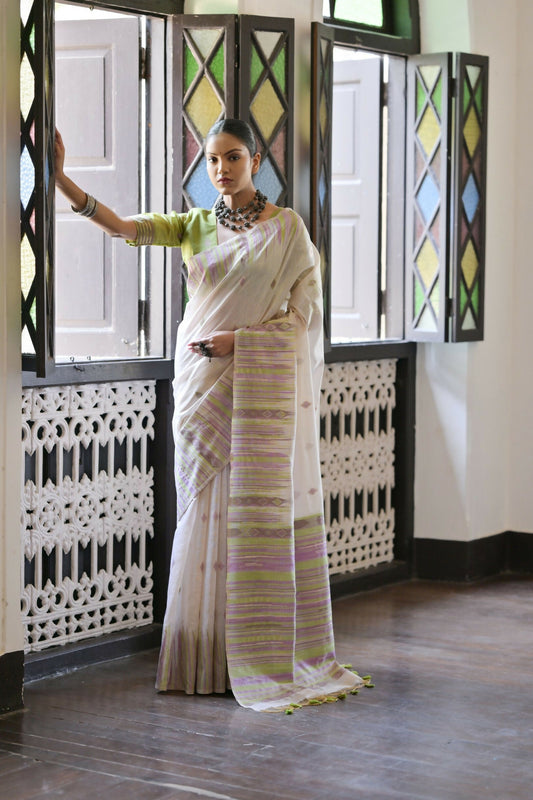 Vishnu Weaves Women's Mahendi Muga Cotton Saree with Blouse - Swadesiicart