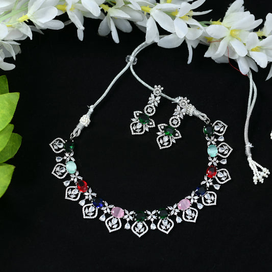 Mominos Fashion Johar Kamal Silver-Plated American Diamond Multi Colour Choker Set | Swadesiicart