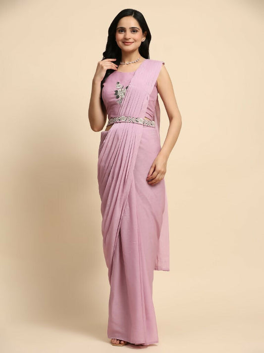 Pink Chiffon Solid Ready to wear Saree with stitched Blouse - Aayan | Swadesiicart