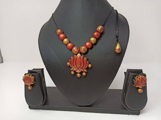 Terracotta Lotus Pendant Necklace Set With Studs-Golden Pink