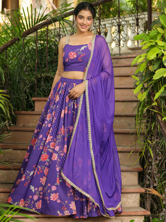 Janasya Purple Georgette Floral Lehenga Choli Dupatta | Swadesiicart